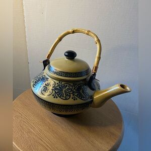 Porcelain Antique Tan/Blue Floral Teapot with Bamboo Handle